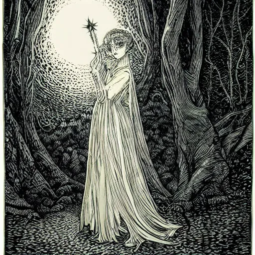 Prompt: beautiful elegant!!! portrait of woman tolkien elf in the forest at night rivendale, style of gustave dore woodcut, moon and stars