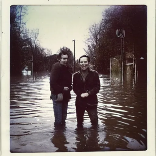 Prompt: an old polaroid of three friends standing in front of a flooded german town