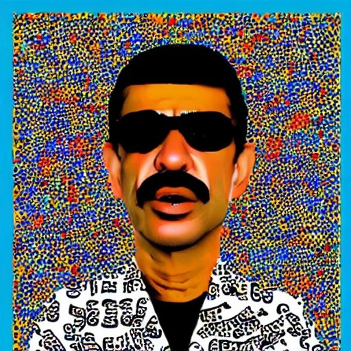 Image similar to omar souleyman in the style of daniel johnston and outsider art, 4k, overlaid with arabic letters