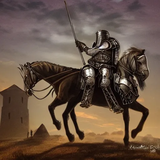 Image similar to mounted knight entering a spooky village