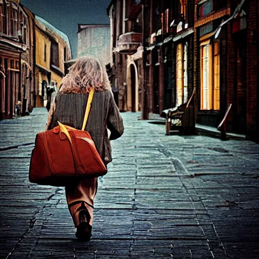 Image similar to traveler in time on the old street, seventies, photorealistic