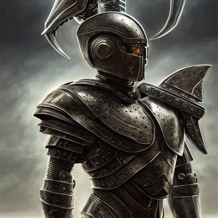 Image similar to portrait of a man wearing cyborg armor, Spartan hoplite design, subject in the center of the frame, wide angle shot, diffuse lighting, fantasy, intricate, elegant, highly detailed, lifelike, photorealistic, digital painting, artstation, illustration, concept art, smooth, sharp focus, art by John Collier and Albert Aublet and Krenz Cushart and Artem Demura and Alphonse Mucha