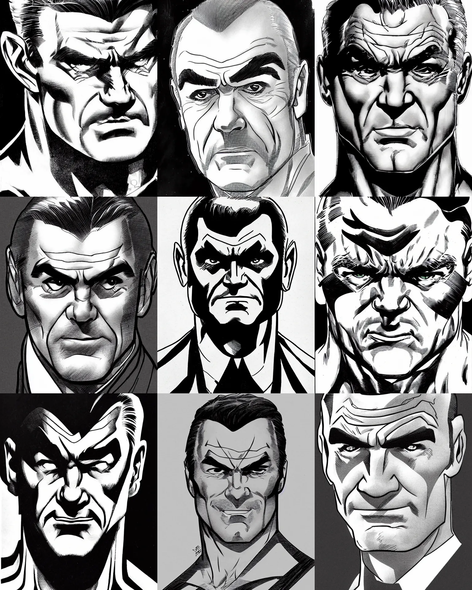 Prompt: sean connery!!! jim lee!!! flat ink sketch by jim lee face close up headshot in the style of jim lee, x - men superhero comic book character by jim lee