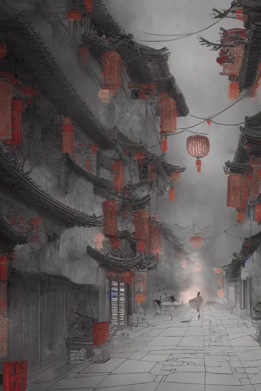 Image similar to on the night of the chinese new year's day, many chinese ghosts wander in the ancient chinese streets. the guiding line composition method, the tindal effect, the soft light, the cool color, by wu jinyuan, trending on artstation