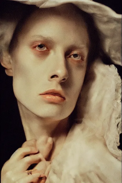 Image similar to hyperrealism close - up fashion portrait by roversi photo from the holy mountain by alejandro jodorowsky in style of francisco goya