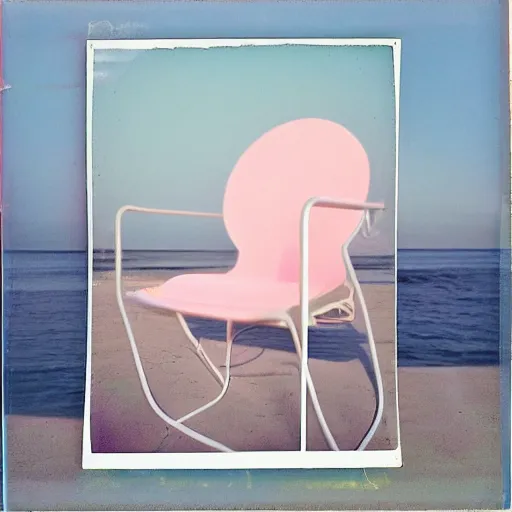 Image similar to a pastel colour high fidelity Polaroid art photo from a holiday album at a seaside with abstract inflatable parachute furniture, all objects made of transparent iridescent Perspex and metallic silver, no people, iridescence, nostalgic