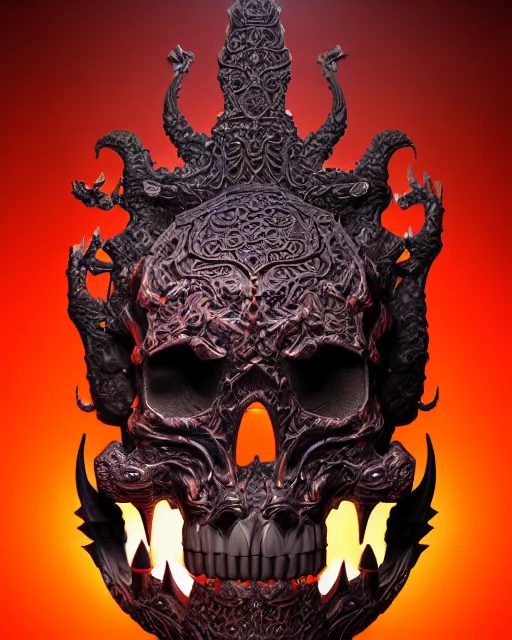 Image similar to 3 d ornate carved dracula with tattoos profile portrait, sigma 5 0 0 mm f / 5. beautiful intricate highly detailed quetzalcoatl skull. bioluminescent, plasma, lava, ice, water, wind, creature, thunderstorm! artwork by tooth wu and wlop and beeple and greg rutkowski, 8 k trending on artstation