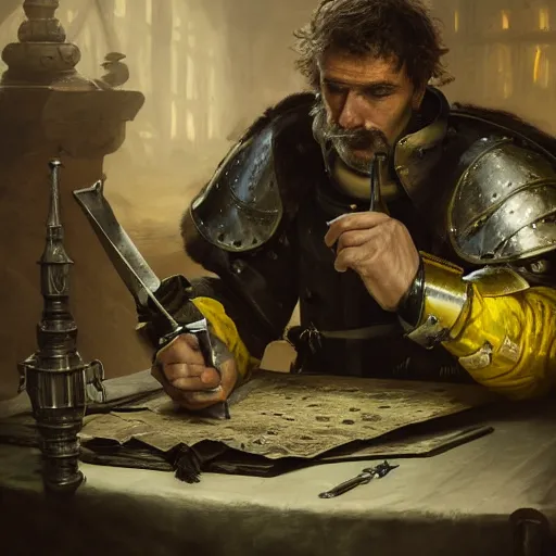 Prompt: Closeup of frustrated and acerbic male medieval sergeant with stubble wearing a {black and yellow tabard} over a steel breastplate and a black gambeson looking at a map on a table, intricate, dramatic lighting illustration by Greg Rutkowski, {perfect face}, {perfect eyes}, fantasy