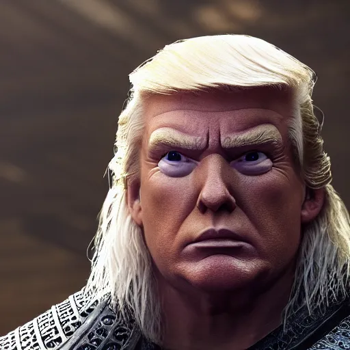 Image similar to donald trump as a fat geralt of rivia from the witcher movie, dramatic film still, close - up, details, sigma 7 5 mm, 8 k