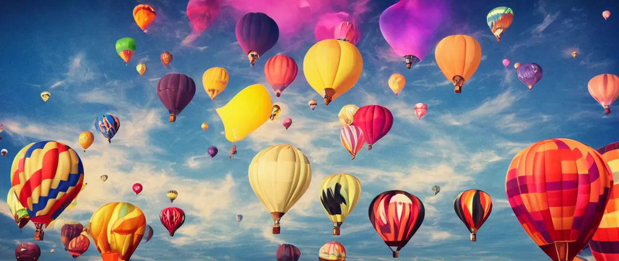 Prompt: joyful people are flying on colorful balloons, black hole on the sky, and they are moving into a fiery abyss in the sky, hyper realistic