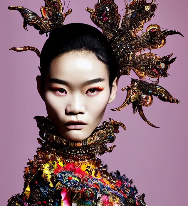 Image similar to photography american portrait of stunning model ming xi. great hair style, half in shadow, natural pose, natural lighing, rim lighting, wearing an ornate stunning sophisticated outfit created by iris van herpen, with a colorfull makeup by benjamin puckey, highly detailed, skin grain detail, photography by paolo roversi