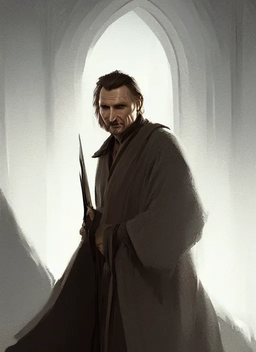 Image similar to old Liam Neeson, short beard! long hair! robes! modern, highly detailed, digital painting, artstation, concept art, sharp focus, illustration, by greg rutkowski