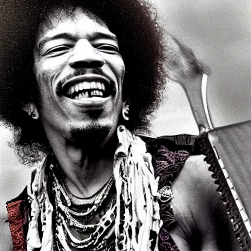 Prompt: HD digital photograph of Jimi Hendrix at Woodstock, ultra realistic, fun, caricature, powerful, iconic, love peace and unity, hippy, flower power