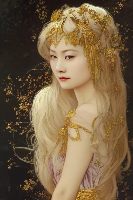 Image similar to beautiful asian girl, blonde hair, gold, god, white hair, 1 9 2 0 s fashion, fantasy, highly detailed, intricate, ethereal, highly detailed, sharp focus, artstation, digital painting, horror art, art by alphonse mucha, cedric peyravernay, tom bagshaw