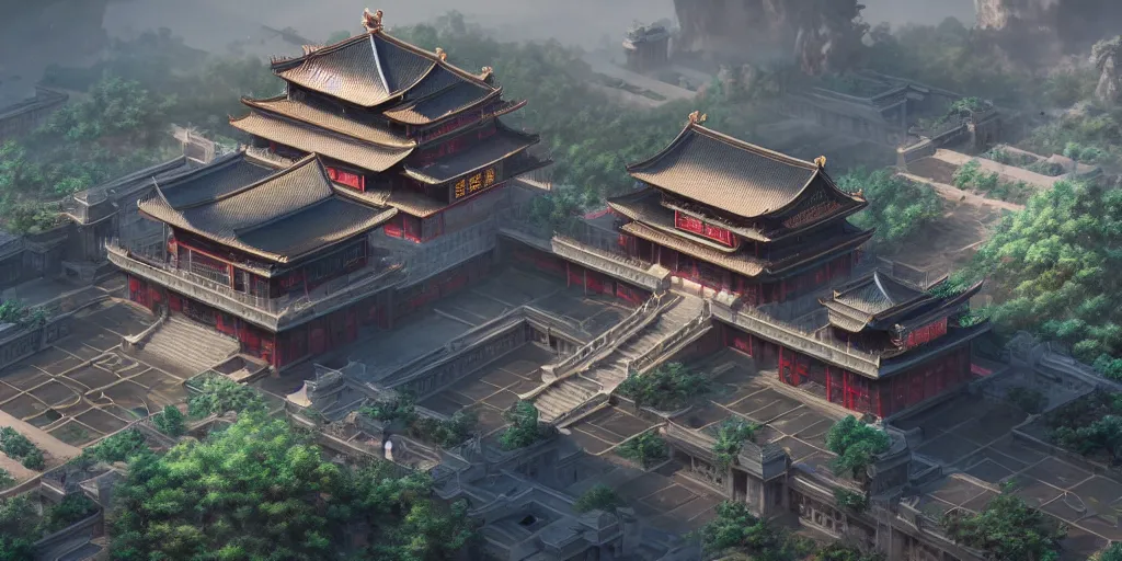 Image similar to ultra detailed photorealistic chinese palace, cinematic light, sci fi, glossy, cybernetic machines, futuristic decor, trending on artstation, global illumination, ultra realistic illustration, matte painting, high detailed, unreal engine, octane render, 4 k, hd, high quality