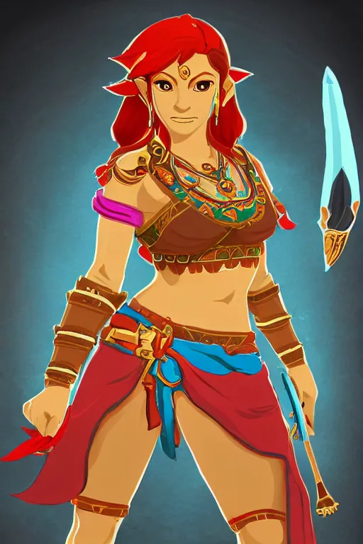 Prompt: an in game portrait of urbosa from breath of the wild, breath of the wild art style.