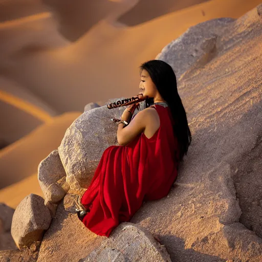 Prompt: a female playing flute whilst sitting on a rock in the desert. cinematic 8 k, depth of field, bokeh.