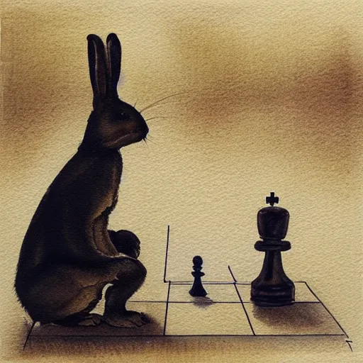 Prompt: first person view, playing chess against a rabbit, watercolour realism