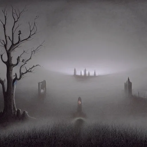 Image similar to A haunting dark castle stands over a misty orchard, a crescent moon dimly shines; lighting a small path that winds through the trees. A matte painting in the style of Wayne Barlowe, Zdzisław Beksiński, by Mordecai Ardon.