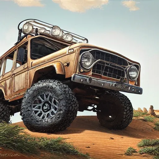 Prompt: full view of a off-road lifted classic car, intricate, elegant, highly detailed, digital painting, concept art, smooth, sharp focus, art style from Greg Rutkowski and Bruce Kaiser and Scott Robertson and Dmitry Mazurkevich and Doruk Erdem and Jon Sibal