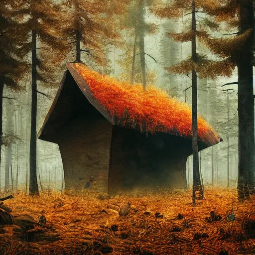 Prompt: an old broken hut in an autumn forest, many alot of huge tall mushrooms around it, green and brown tones, by Aron Wiesenfeld and beksincki, cinematic, detailed illustration, nature, fog, dark colors, suspense, intricate, 8k