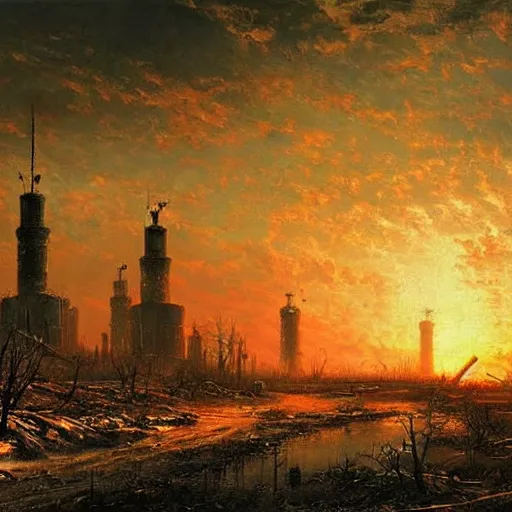 Prompt: a post apocalyptic landscape of moscow after a nuclear war, beautiful radioactive sunset lighting, beautiful painting, fallout 3, painted by albert bierstadt