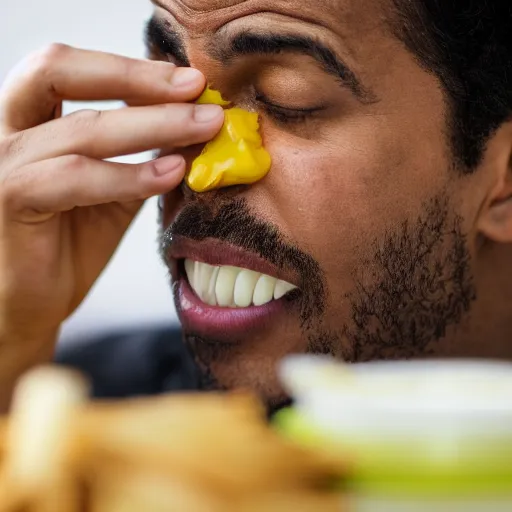 Prompt: closeup of a man tasting a stinking hambuger with an old green cheese driping yellow blood