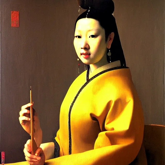 Image similar to a beautiful painting asian woman, by jan vermeer realistic oil painting