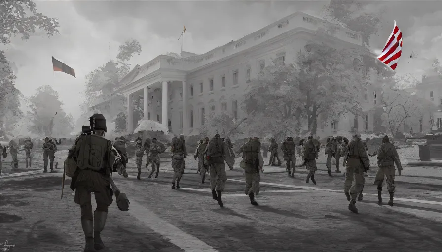 Image similar to white house with nazi flags and german soldiers walking around, hyperdetailed, artstation, cgsociety, 8 k