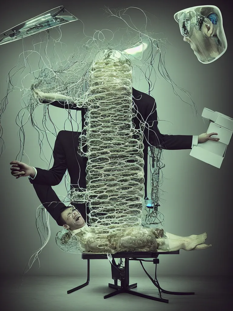 Prompt: a formal portrait photograph of an exploding salesman attached to a perspex neural squid gestation machine. tubes sprawling into his eyes. his legs are replaced by fractal hovercraft and he is decorated with flock wallpaper