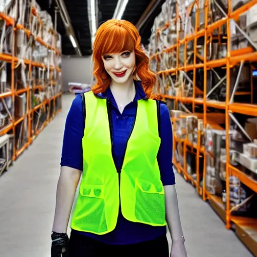 Image similar to photo, close up, christina hendricks in a hi vis vest, in warehouse, android cameraphone, 2 6 mm,