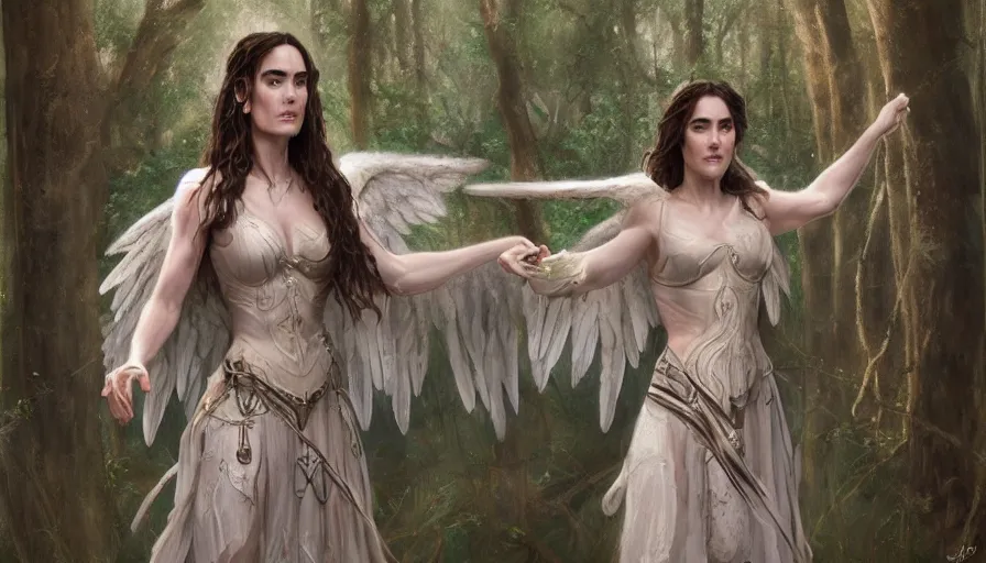 Prompt: A beautiful detailed painting of jennifer connelly as a female angel warrior in a magical forest by john sargent and Kalin Popov , Trending on artstation HD.