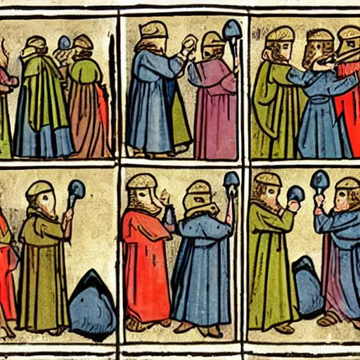 Prompt: a comic strip from medieval age,