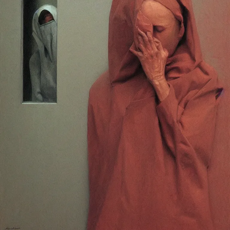 Image similar to woman portrait with a paper bag over the head, highly detailed, artstation, art by zdislav beksinski, wayne barlowe, edward hopper