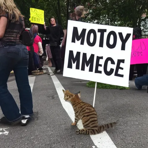 Prompt: A cat at a protest holding up a sign that says Meow body Meow choice.