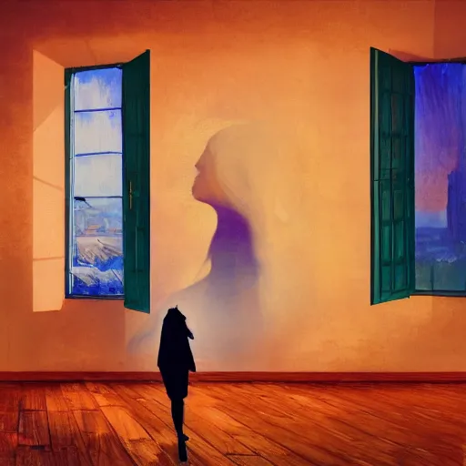 Image similar to giant flower under head, woman next to modern windows, luxury apartment, surreal photography, dramatic light, impressionist painting, digital painting, artstation, van gogh