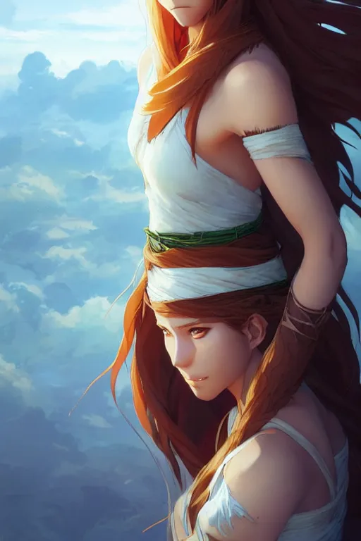 Prompt: long ginger hair, tanned woman in a prehistoric outfit, green eyes, by artgerm, hair tied in a ponytail, white backdrop, soft lighting, blue colors, by greg rutkowski makoto shinkai takashi takeuchi