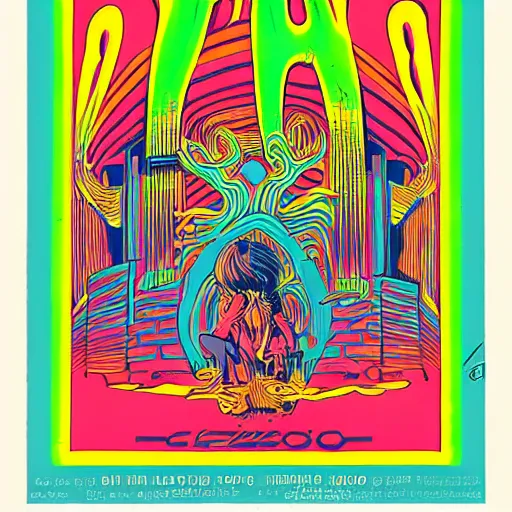 Image similar to Fillmore concert poster for The Bozone by Victor Moscoso and Rick Griffin, psychedelic, day-glo colors, flowing lettering