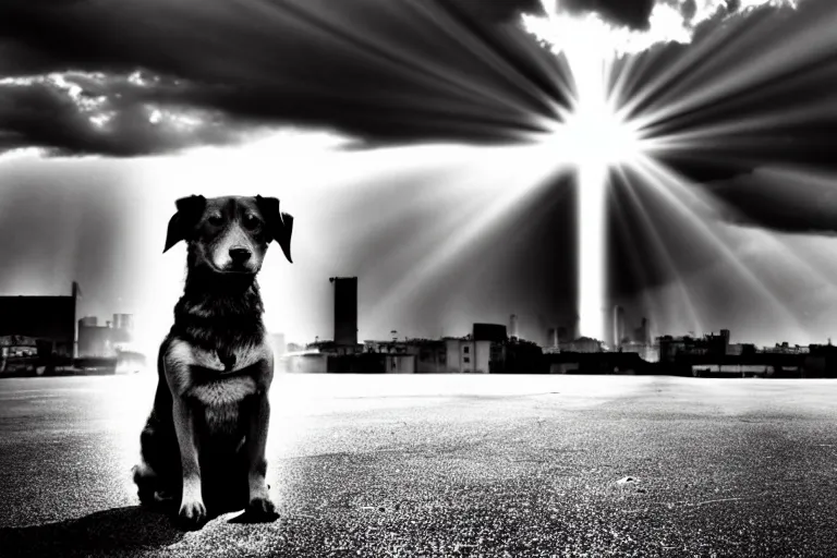 Prompt: god rays illuminating a dog in a destroyed modern city, nuclear explosion in background!!, wide angle, award winning, cloudy sky, sharp focus, black and white, skyscraper, nuclear fallout