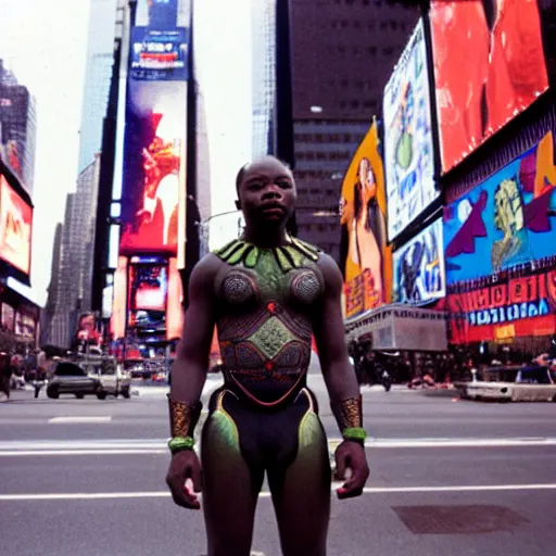 Prompt: photo of wakanda warrior in times square cinestill, 800t, 35mm, full-HD