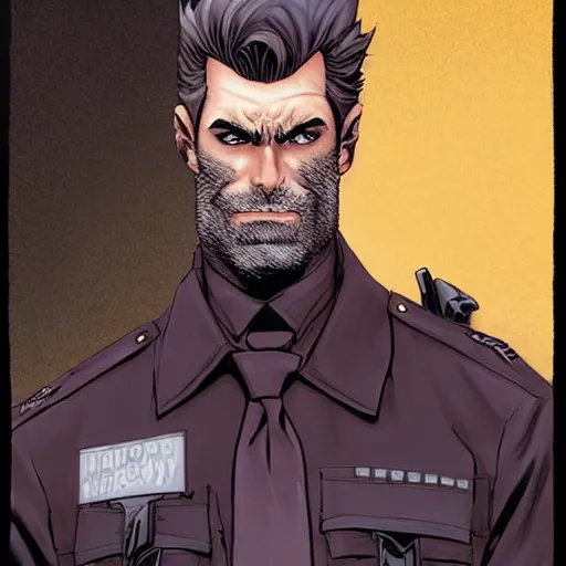 Prompt: portrait of a greying pale vampire police officer with short hair and a patchy beard, close up, grimy streets backdrop, highly detailed, sharp focus, perfect eyes, art by russell dauterman and patrick gleason