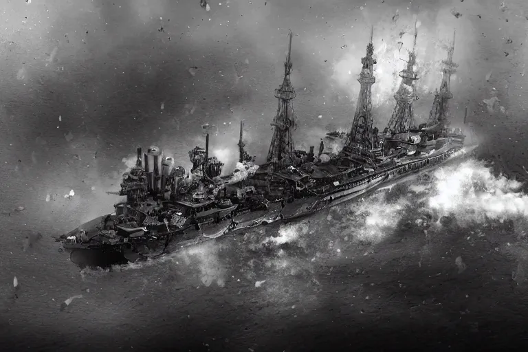 Prompt: steampunk dreadnought battleship sinking with water rushing the deck, puffs of smoke, bird's eye view, wide shot, 4k high res, 120 black and white film