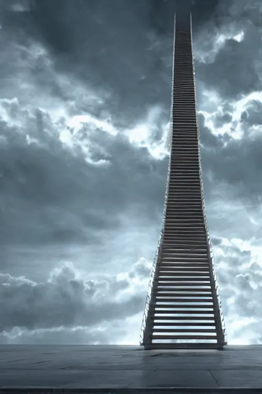 Image similar to infinite stairs rising to the heaven in the middle of the sky, concept art, octane render, unreal engine 5, digital painting, hyperrealistic, highly detailed, high quality, 8 k hdr, digital art, clouds in the sky, breathtaking view, path traced, god, godrays, beautiful, elegant, harmonious, complementary colors, natural lighting