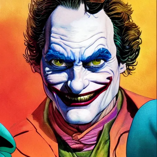 Image similar to jean giraud and moebius and don lawrence and alex ross and john romita jr, gouache and wash paints, smooth focus, sharp details, detailed details, bokeh, 4 k, fine 5 k details, fine details, fine intricate, fine facial proportionate, fine body proportionate / joaquin phoenix joker comic panel