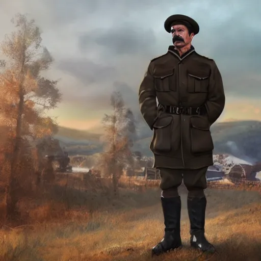 Prompt: fullbody of standing tom selleck, wearing simple russian ww 1 clothes in black fur beanie, russian villages at background, blue pants, style ivan talavera and artgerm, radiant lighting, hyper realistic, photorealistic, octane render, trending on artstation, cgsociety, cinematic light, global illumination, high detailed tom selleck face