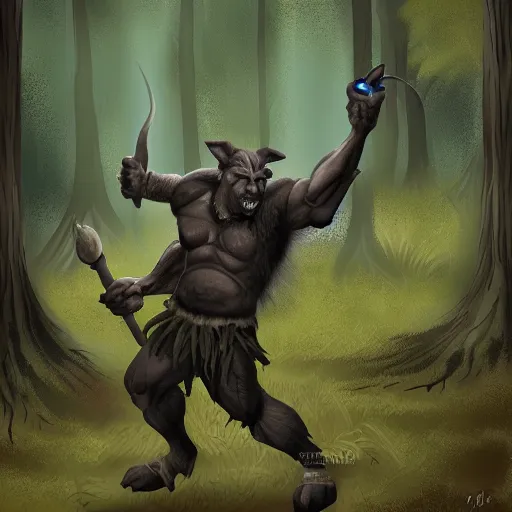 Image similar to An orc in a forest throwing a boar, digital art