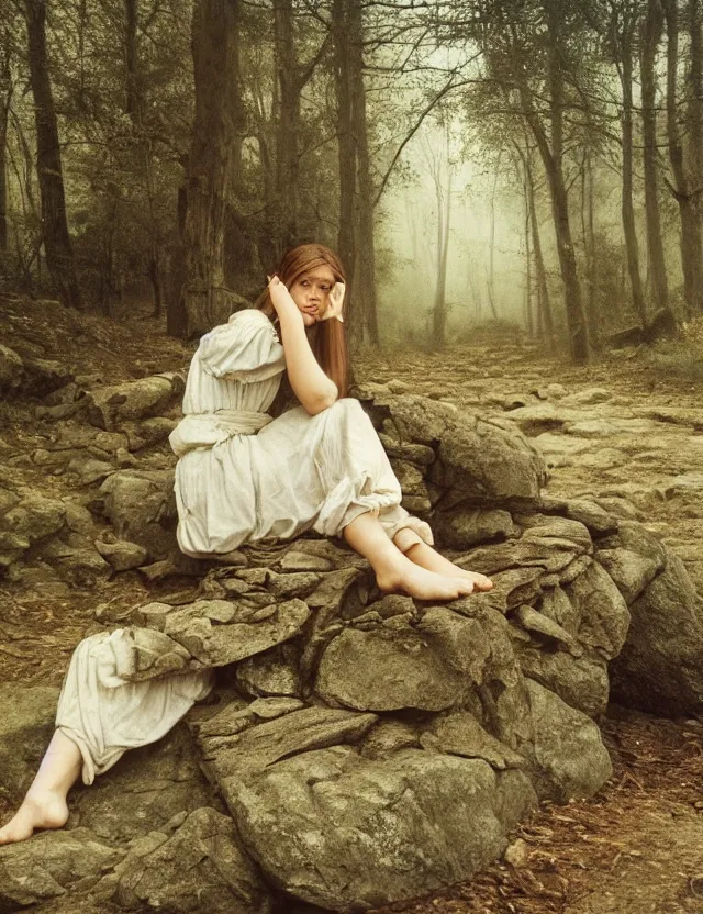 Image similar to peasant girl sadly sitting on a stone in a forest, Cottage core, Cinematic focus, Polaroid photo, vintage, neutral colors, soft lights, foggy, by Steve Hanks, by Andrei Tarkovsky, by Terrence Malick, 8k render, detailed, oil on canvas