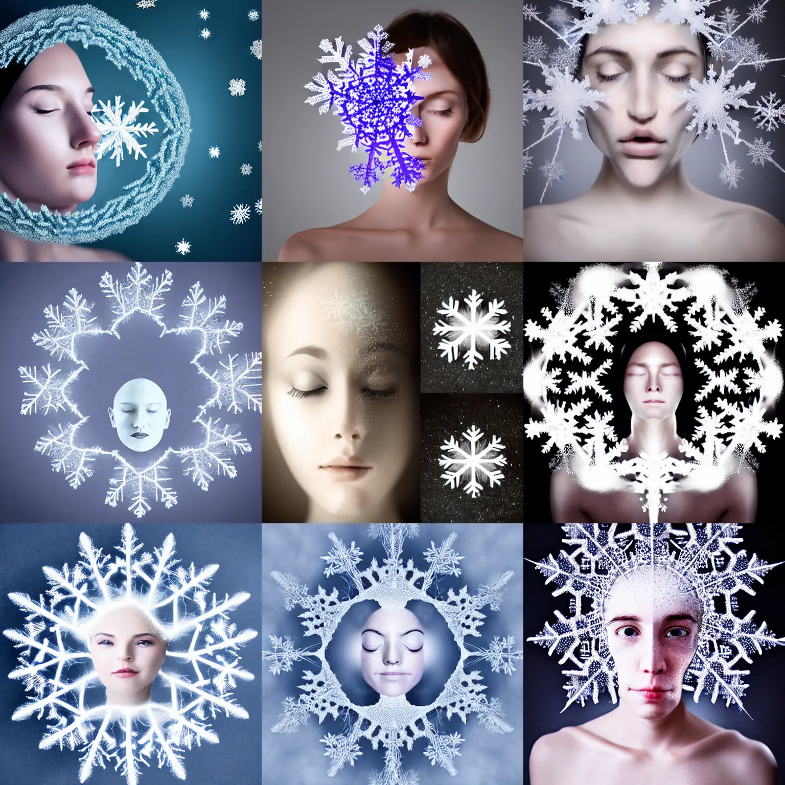 Prompt: surreal photography silk snowflake with ethereal human face