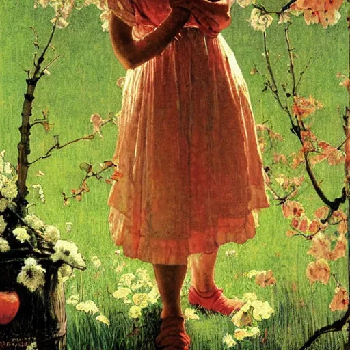 Prompt: Persephone in Spring, by Norman Rockwell, warm glow