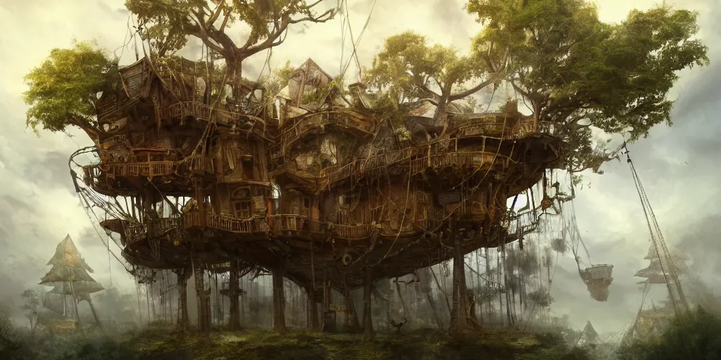 Image similar to A treehouse made out of a derelict pirate ship, torn sails, cargo net, crows nest, the treetops of giant oaks, game art matte painting hyperdetailed, artstation, cgsociety, 8k, surreal dream landscape